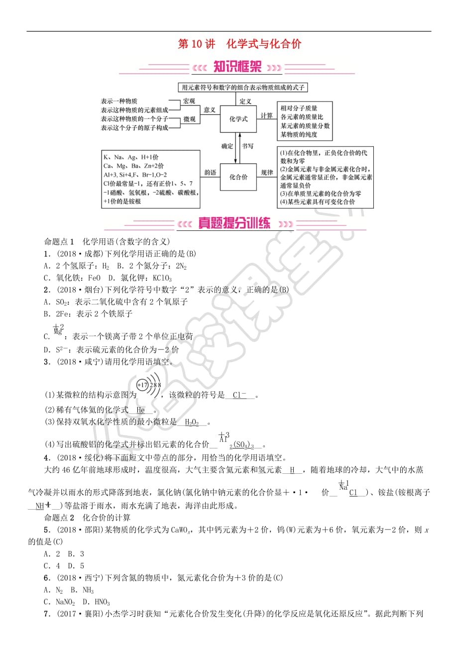 2019年中考化学复习主题二 物质构成的奥秘 第10讲 化学式与化合价专题练习_第1页