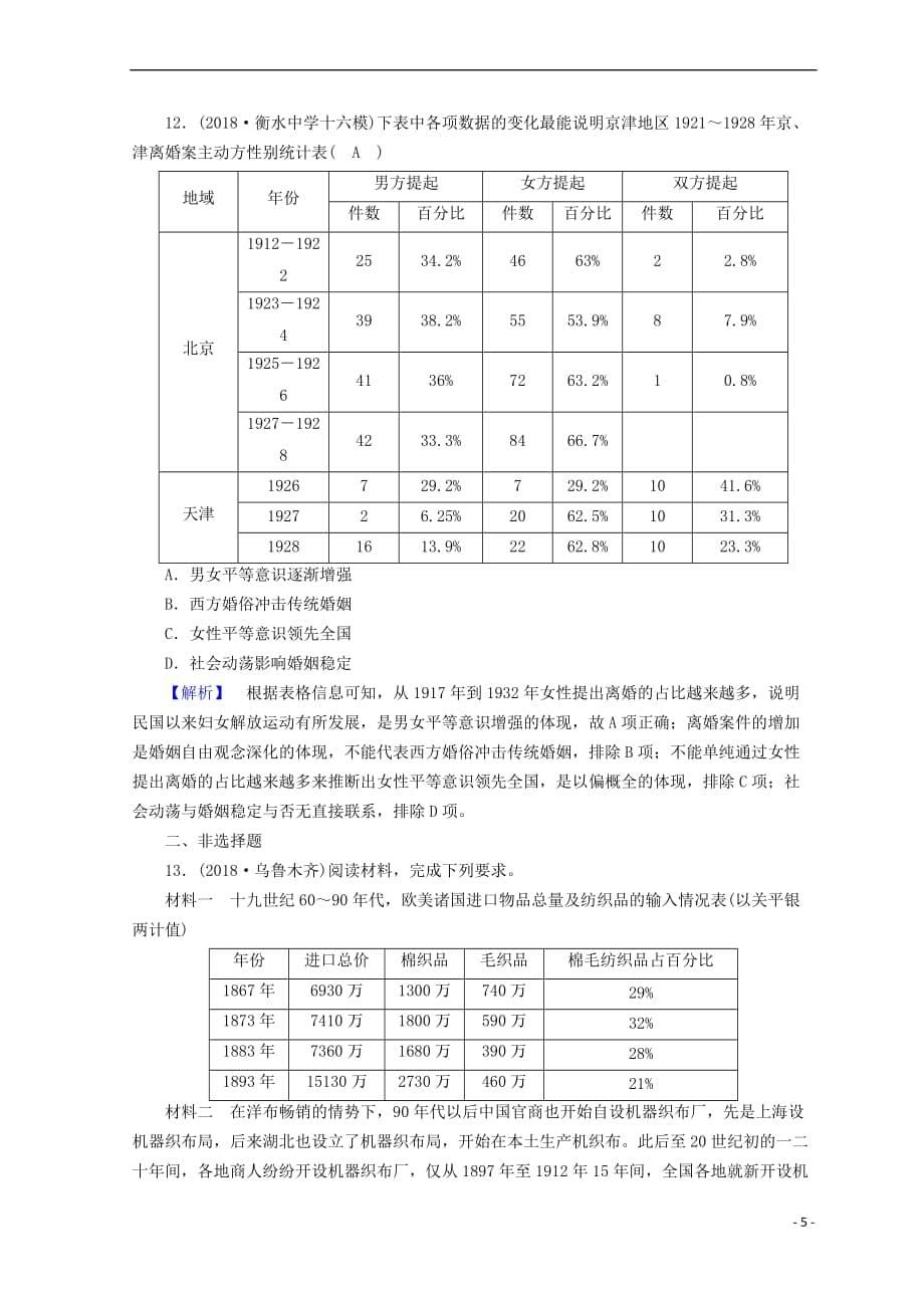 2019届高考历史大二轮专题复习第二部分 近代世界和近代中国 专题12 近代中国经济结构的变动与社会生活的变迁专题训练_第5页