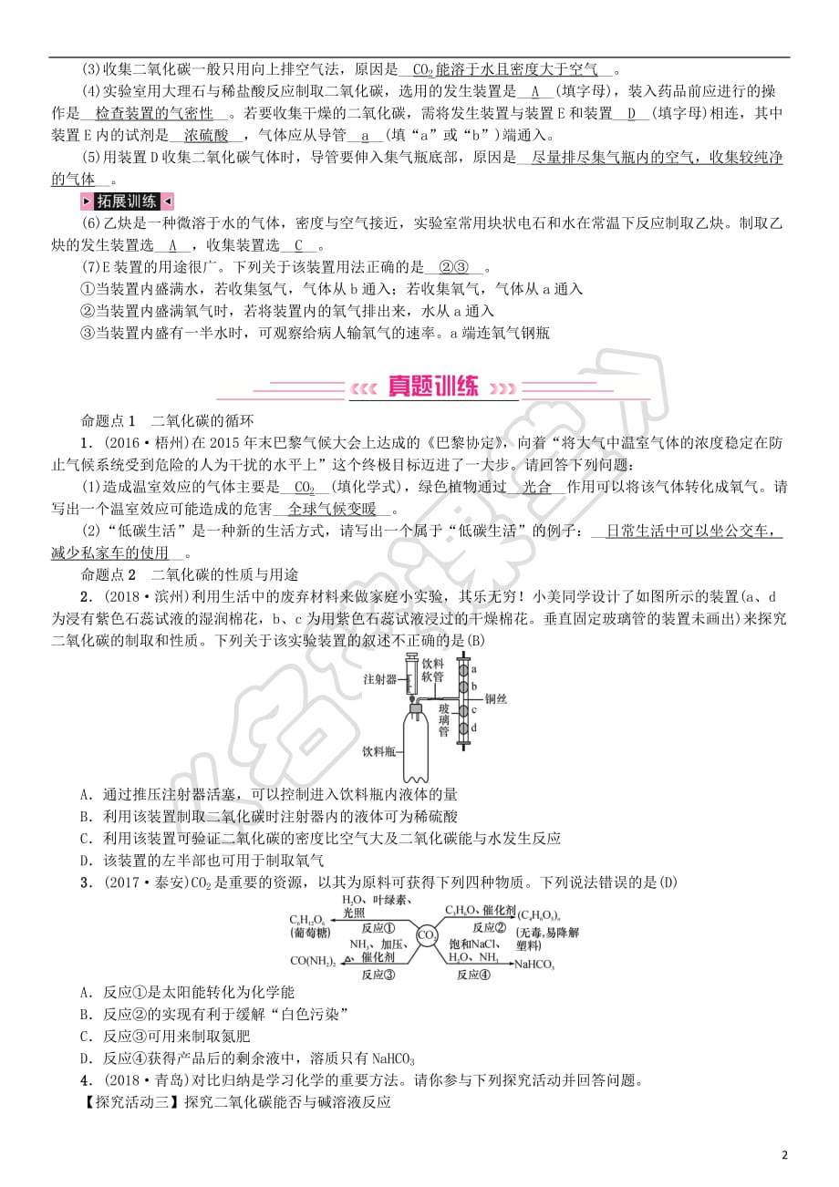 2019年中考化学总复习教材考点梳理 第六单元 燃烧与燃料 第2课时 大自然中的二氧化碳练习 鲁教版_第2页