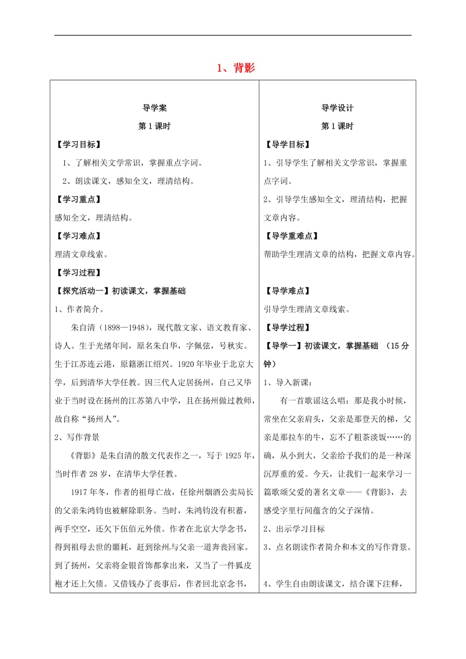 湖北省天门市八年级语文下册 第一单元 1 背影导学案 （新版）语文版_第1页