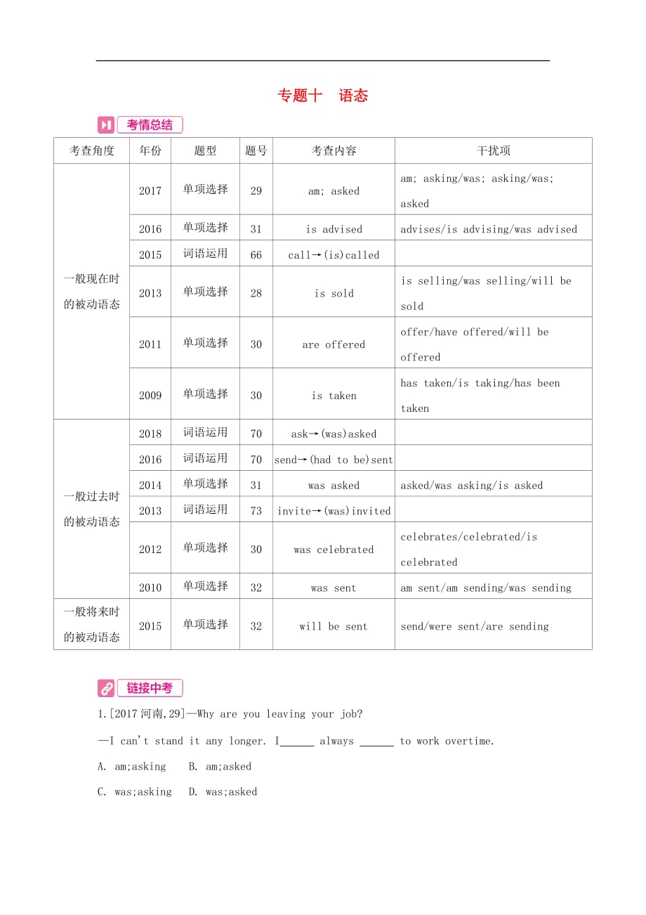 河南省2019中考英语复习 第二部分 语法专题过关 专题十 语态(考情帮)素材_第1页