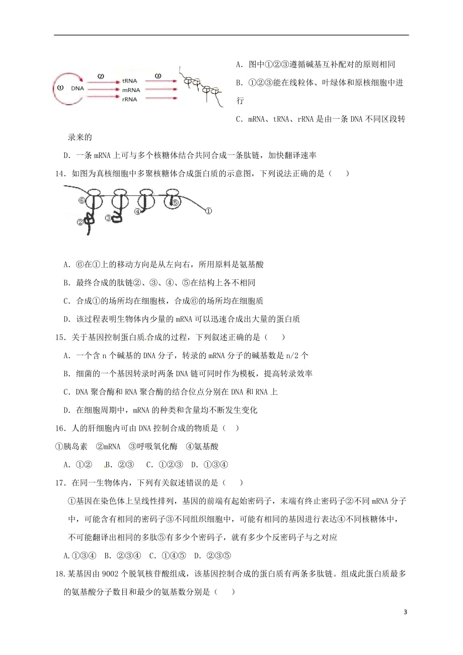 河北省邢台市高中生物第四章 基因的表达 4.1 基因指导蛋白质的合成课时训练 新人教版必修2_第3页