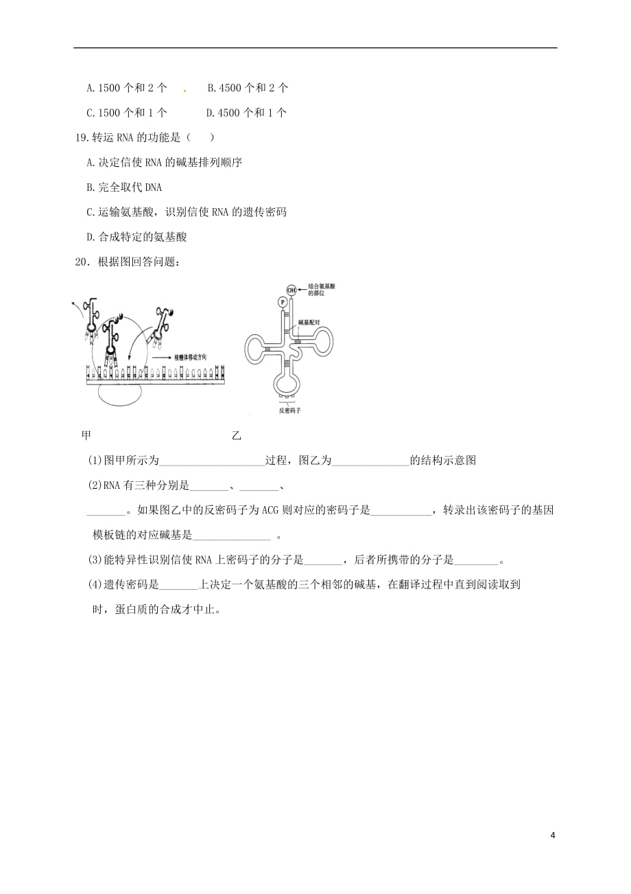 河北省邢台市高中生物第四章 基因的表达 4.1 基因指导蛋白质的合成课时训练 新人教版必修2_第4页