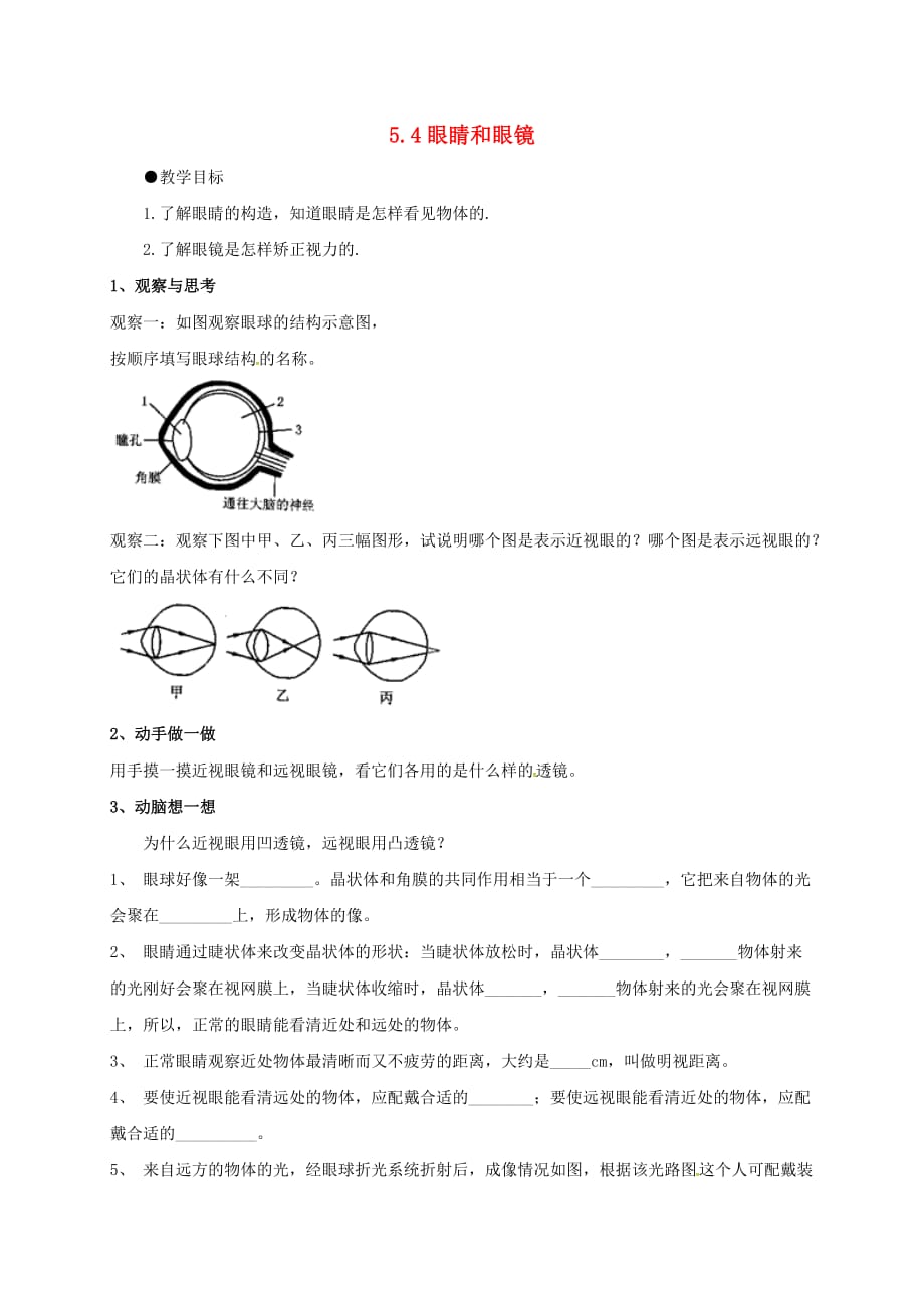 河南省商丘市虞城县八年级物理上册 5.4 眼睛与眼镜学案(无答案)（新版）新人教版_第1页