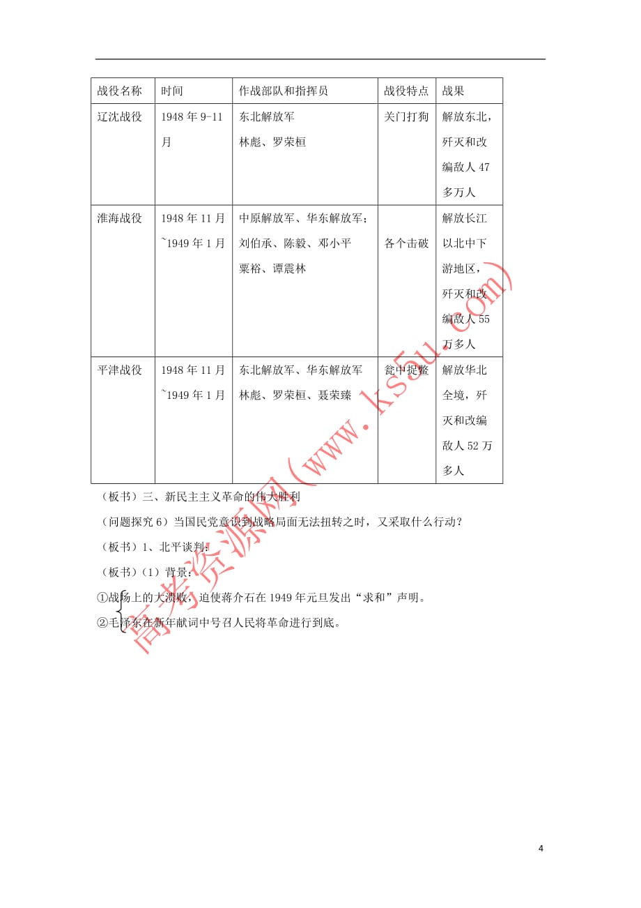 湖南省衡阳市高中历史 第四单元 近代中国反侵略、求民主的潮流 第17课 解放战争教学案 新人教版必修1_第4页