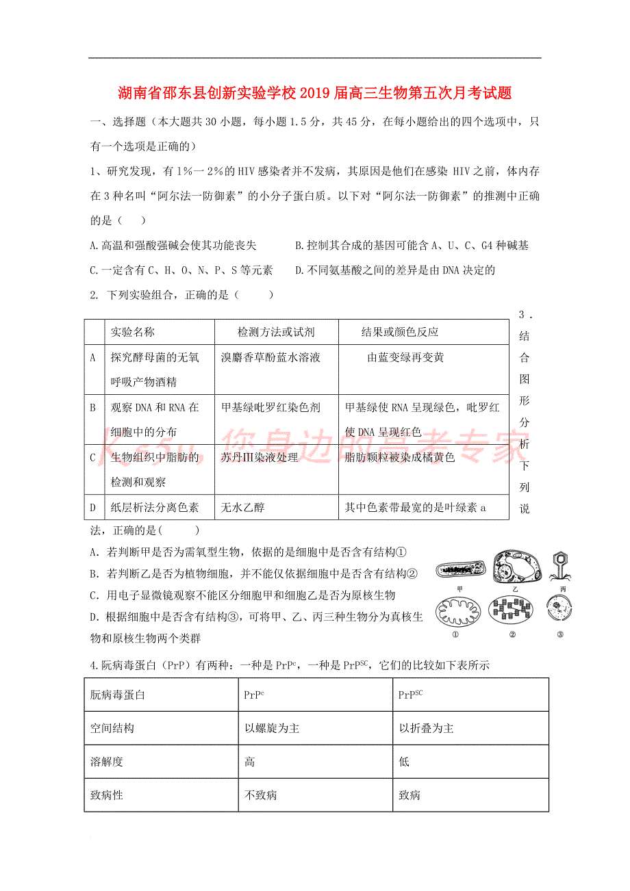 湖南省邵东县创新实验学校2019届高三生物第五次月考试题_第1页