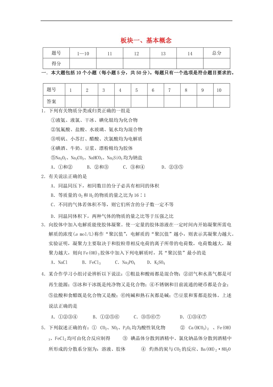 江西省玉山县2017年高三化学基本概念复习测试_第1页