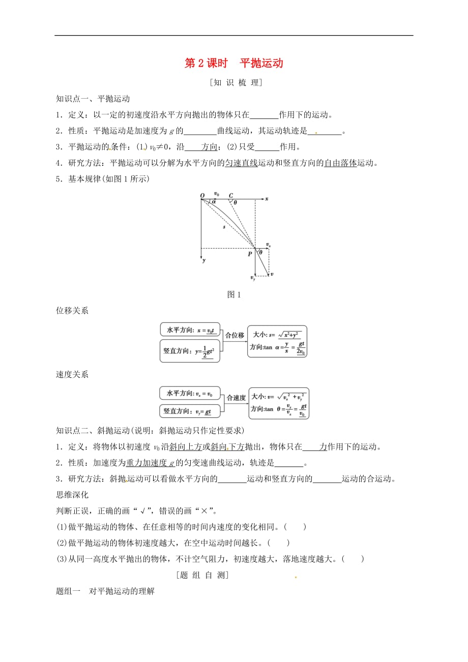 河北省石家庄市辛集市高考物理一轮复习 第四章 第2课时 平抛运动 练习(无答案)_第1页