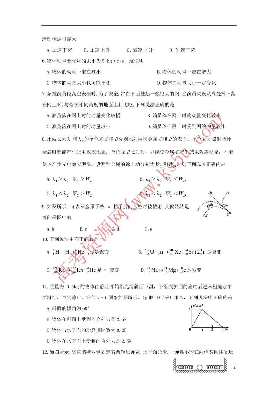 河北省秦皇岛市卢龙县2016－2017学年高二物理下学期期末考试试题_第2页