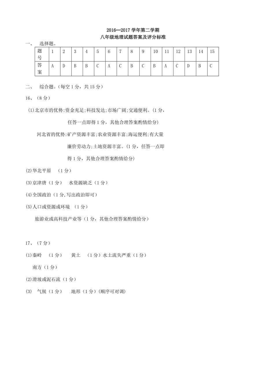 河北省保定市高阳县2016－2017学年八年级地理下学期期末考试试题_第5页