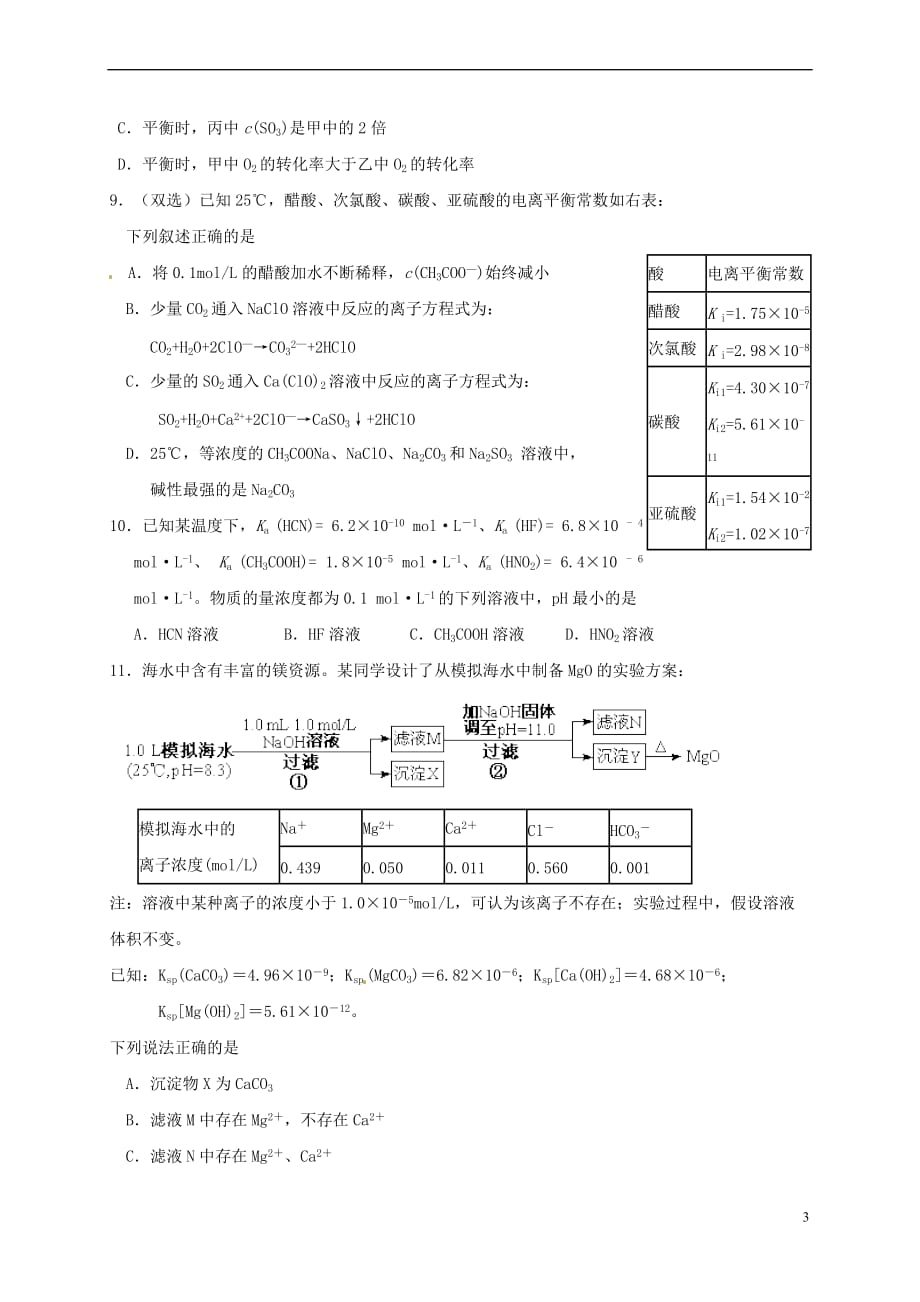 河北省石家庄市2017年高考化学一轮复习训练平衡常数_第3页