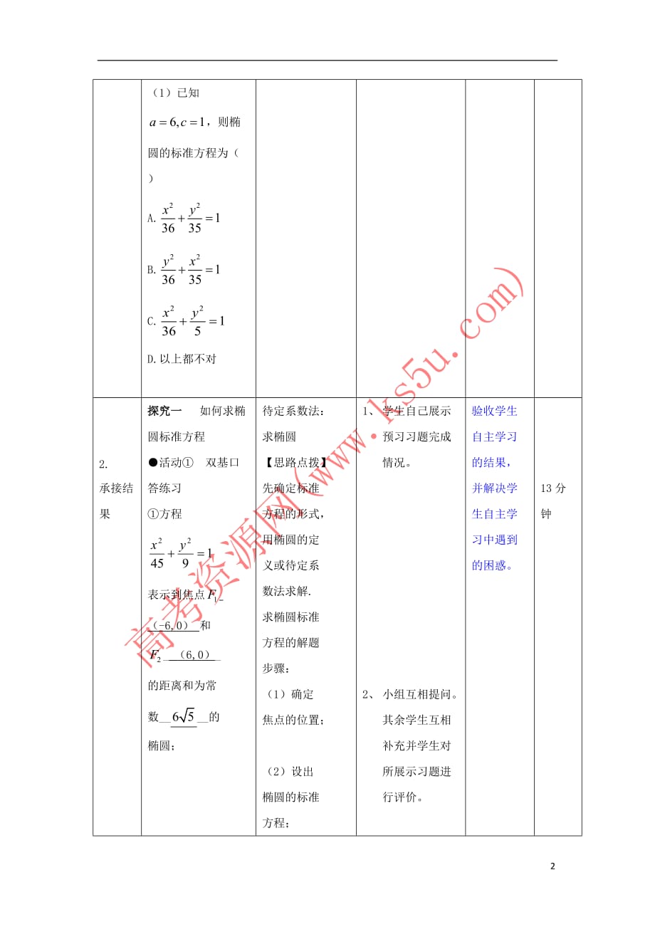 辽宁省大连市高中数学 第二章 圆锥曲线与方程 2.1.1 椭圆及其标准方程（2）教案 新人教B版选修2-1_第2页