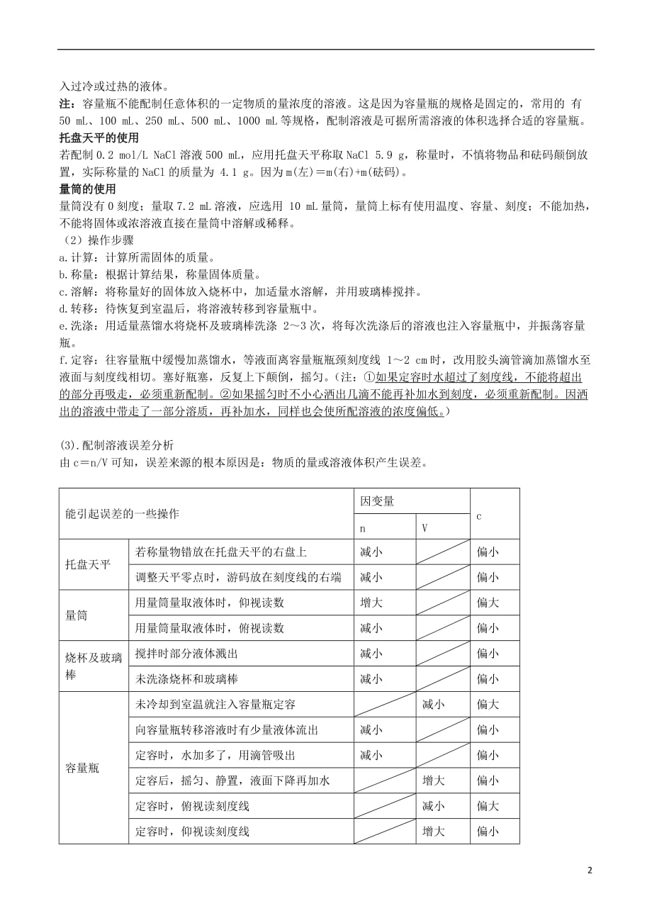 高中化学 物质的量浓度配制一定物质的量浓度的溶液（第6课时）讲义（下）_第2页