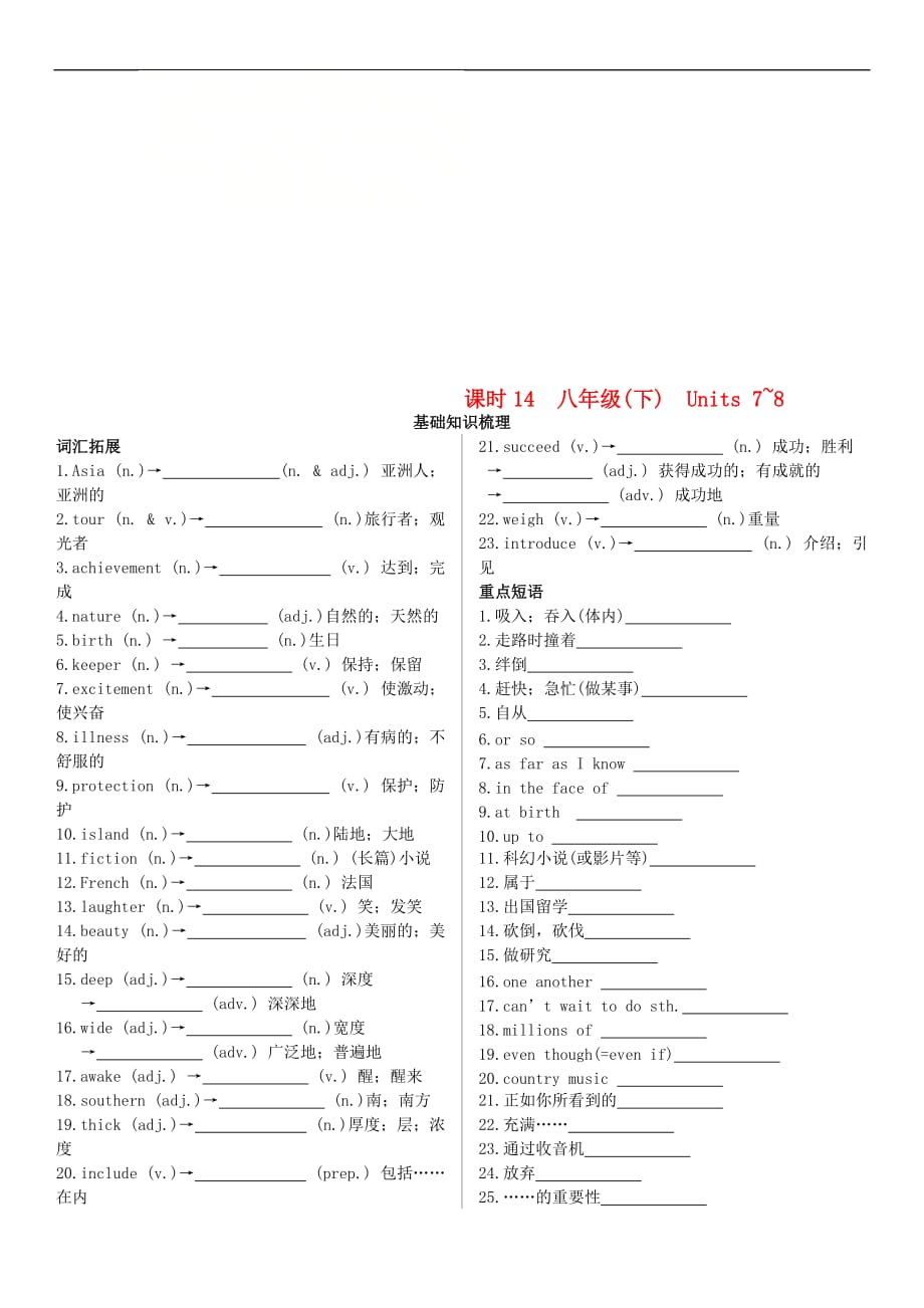 陕西省2019中考英语复习 知识梳理 课时14 八下 Units 7-8（基础知识梳理）检测_第1页