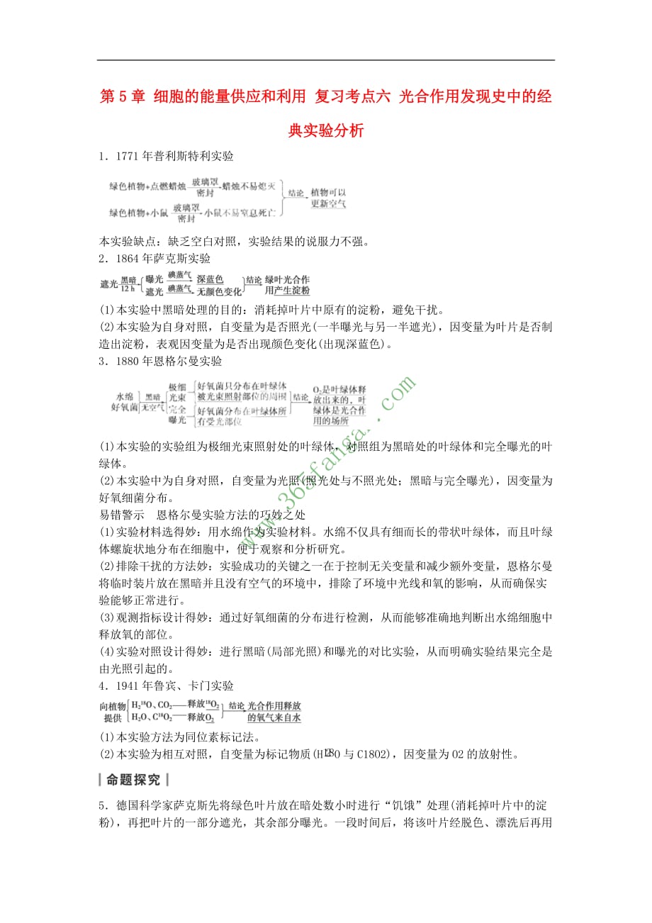 重庆市万州区高三生物 第5章 细胞的能量供应和利用 复习考点六 光合作用发现史中的经典实验分析教案 新人教版必修1_第1页