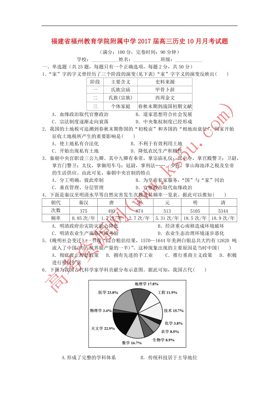 福建省福州教育学院附属中学2017届高三历史10月月考试题(无答案)_第1页