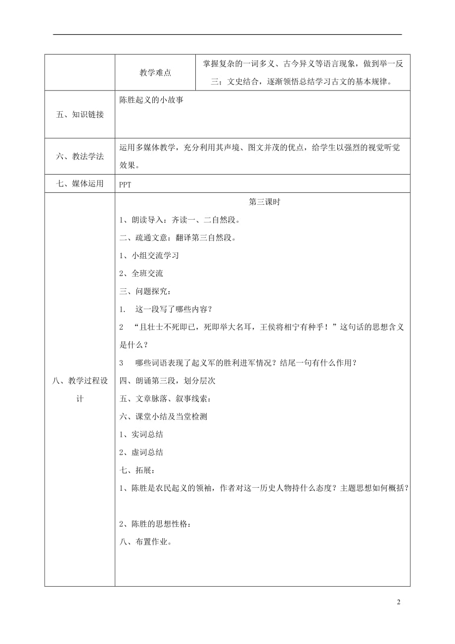 陕西省石泉县九年级语文上册 第六单元 21 陈涉世家（第3课时）教案 新人教版_第2页