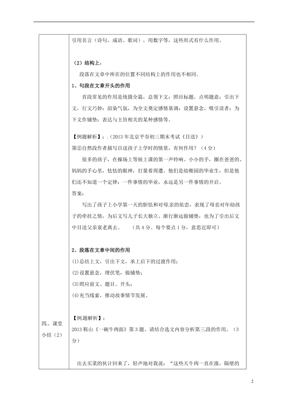 辽宁省恒仁满族自治县中考语文专题复习 记叙文 记叙文段落的作用教学设计_第2页