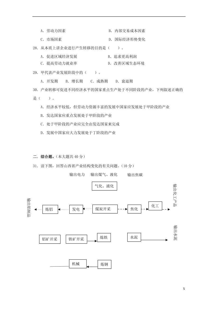 辽宁省大连市普兰店区高二地理上学期期中(第二次阶段)试题_第5页