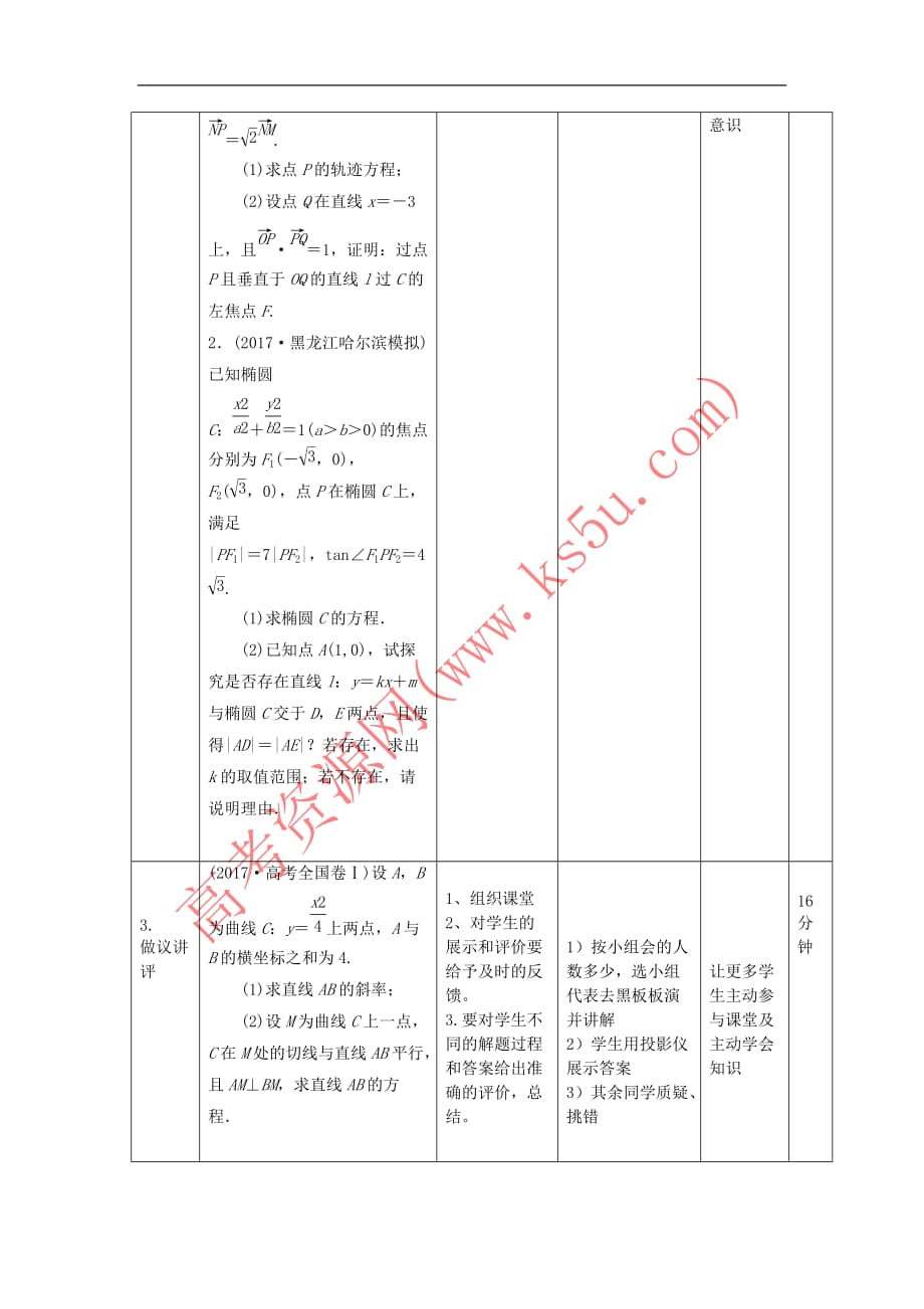 辽宁省大连市高中数学 第二章 圆锥曲线与方程 2.5 圆锥曲线的定义、性质直线与圆锥曲线（1）教案 新人教B版选修2-1_第2页