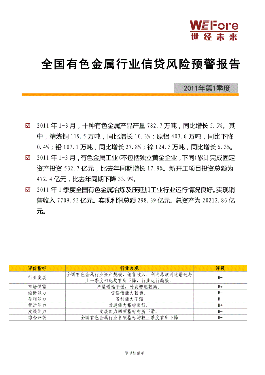 2011年1季度全国有色金属行业分析报告文案_第1页