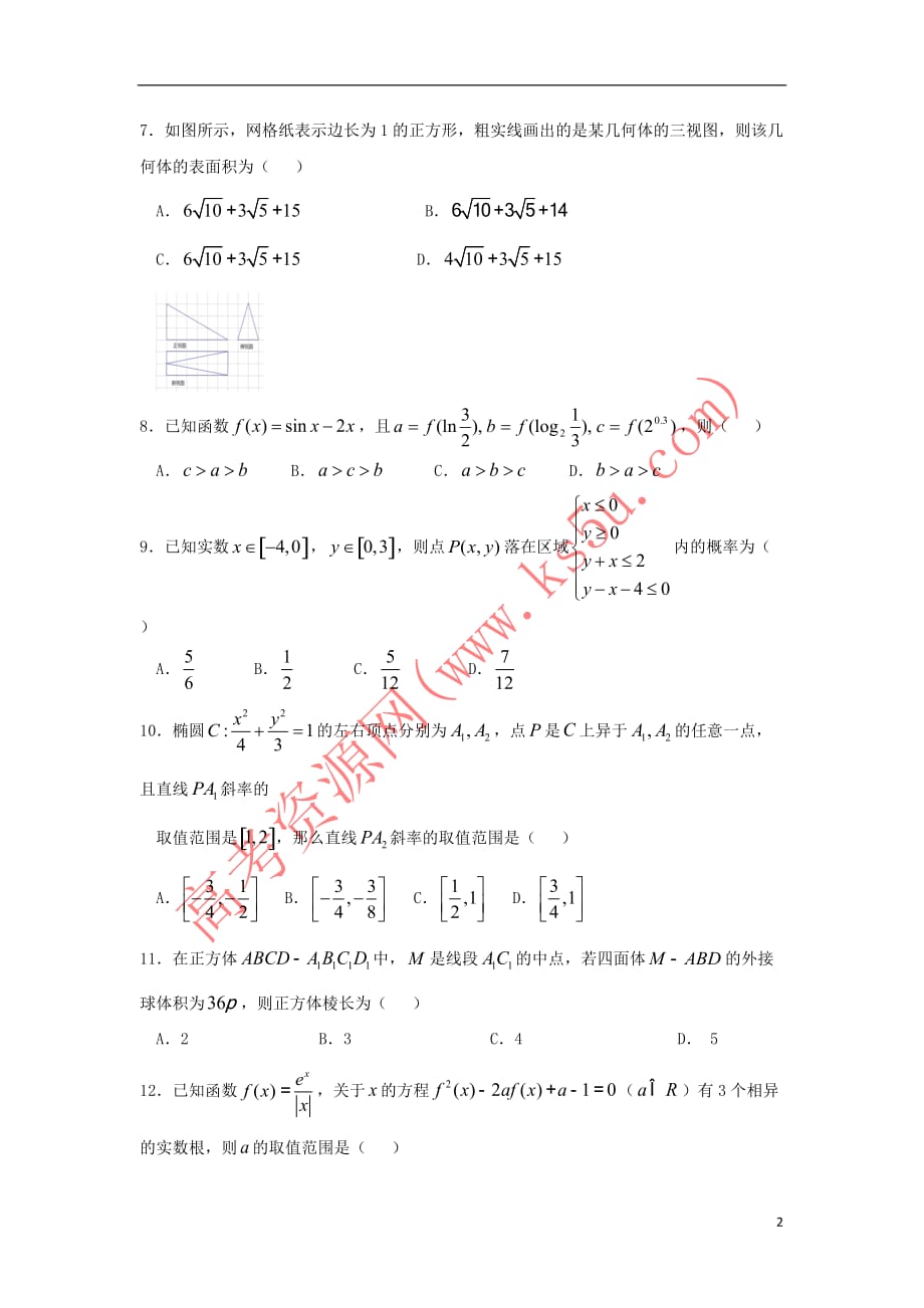 辽宁省大连渤海高级中学2018届高三数学1月模拟试题3(无答案)_第2页