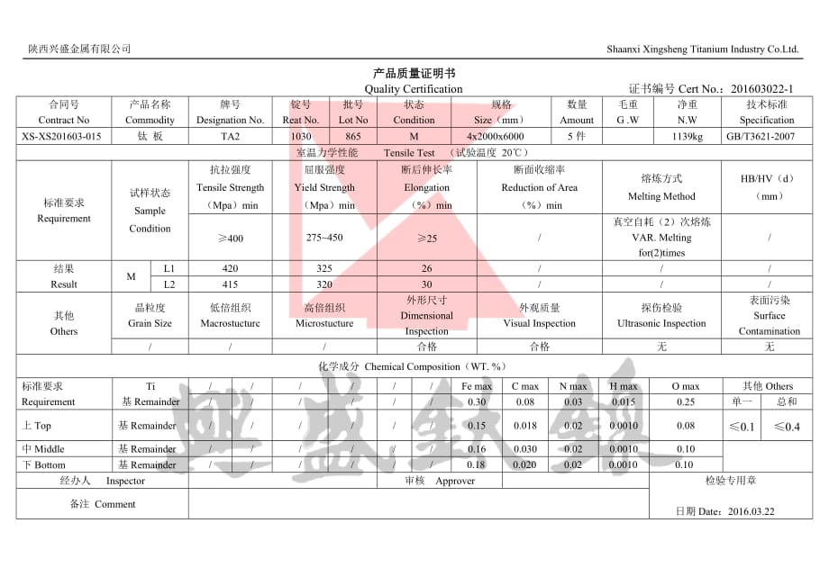 TA2 钛板 材质单4mm 1139材质书2016-03-2_第1页