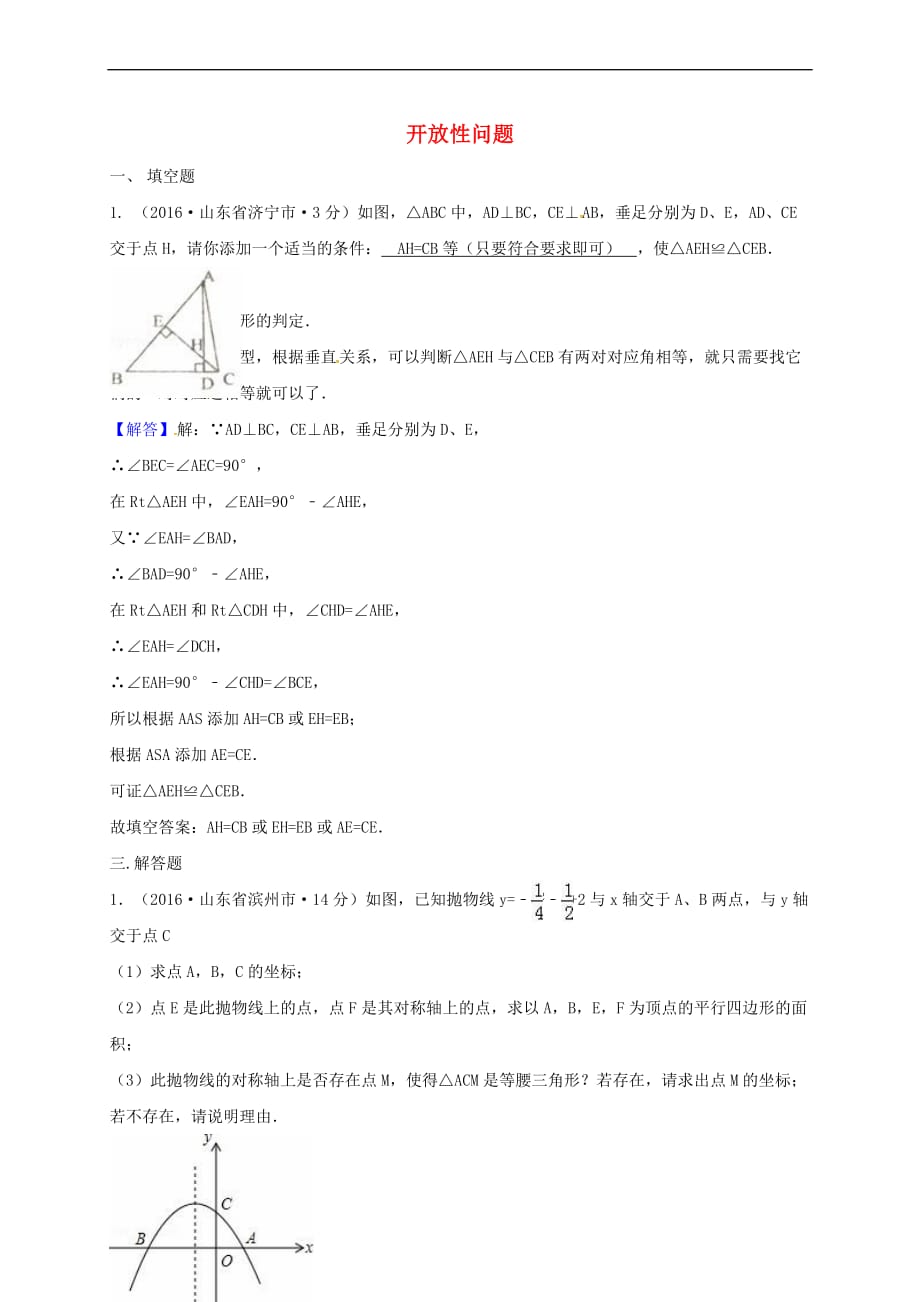 福建省泉港区2017届中考数学专题复习 开放性问题测试题(含解析)_第1页