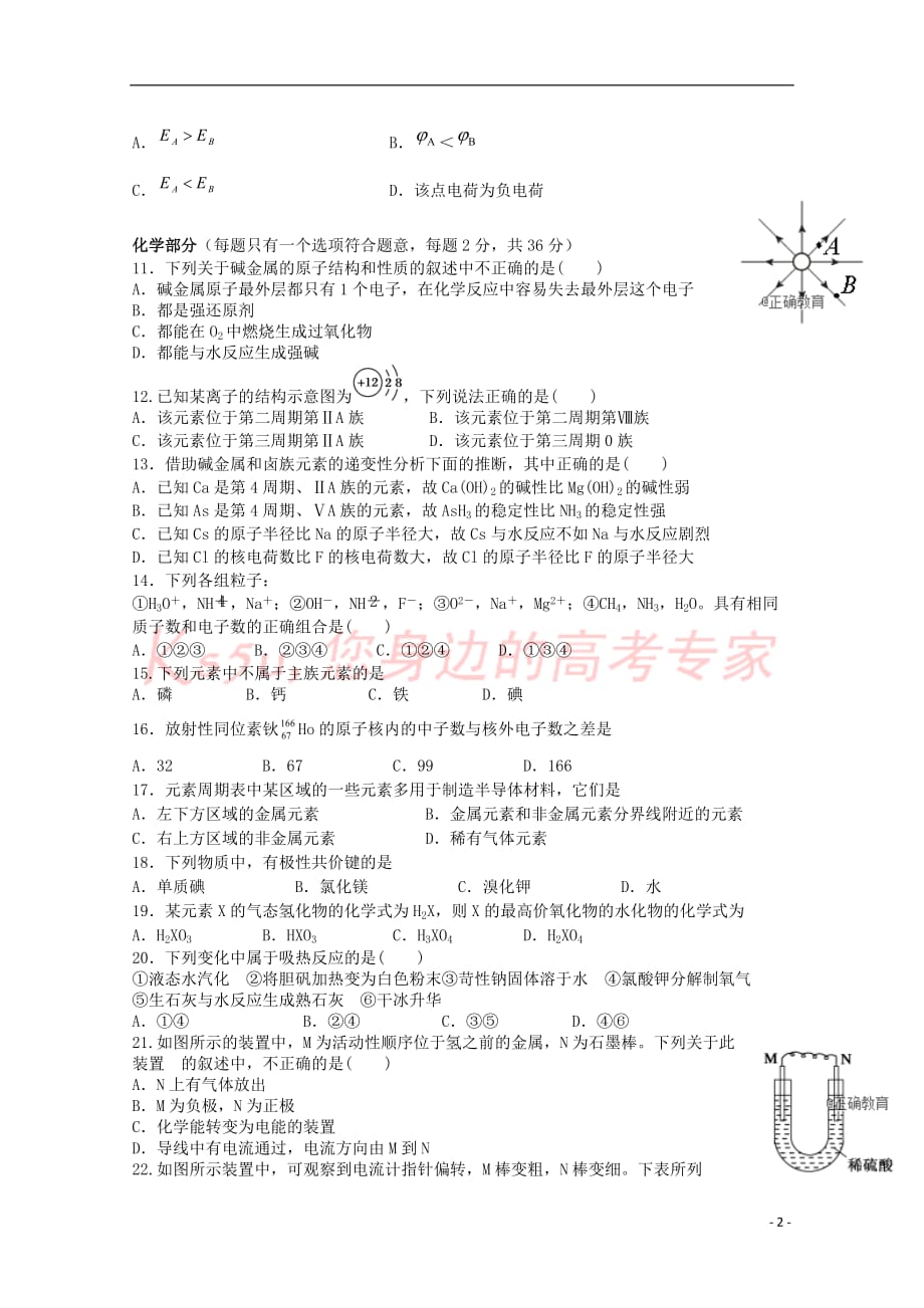 2016-2017学年高一理综下学期期中试卷（文科反向）_第2页