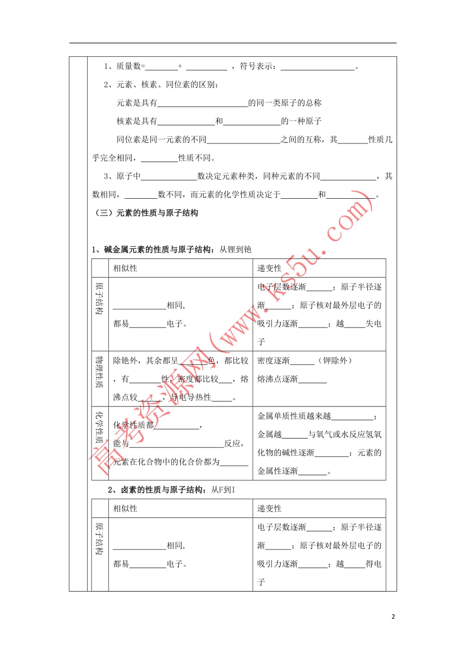 辽宁省抚顺市高中化学 第一章 物质结构元素周期律 1.1 元素周期表 第3课时导学案(无答案)新人教版必修2_第2页