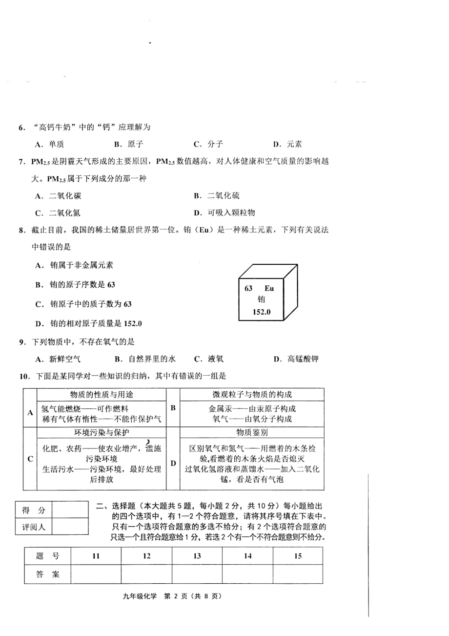 蓟州区2018-2019学年度第一学期期中质量调查九年级化学含答案_第2页