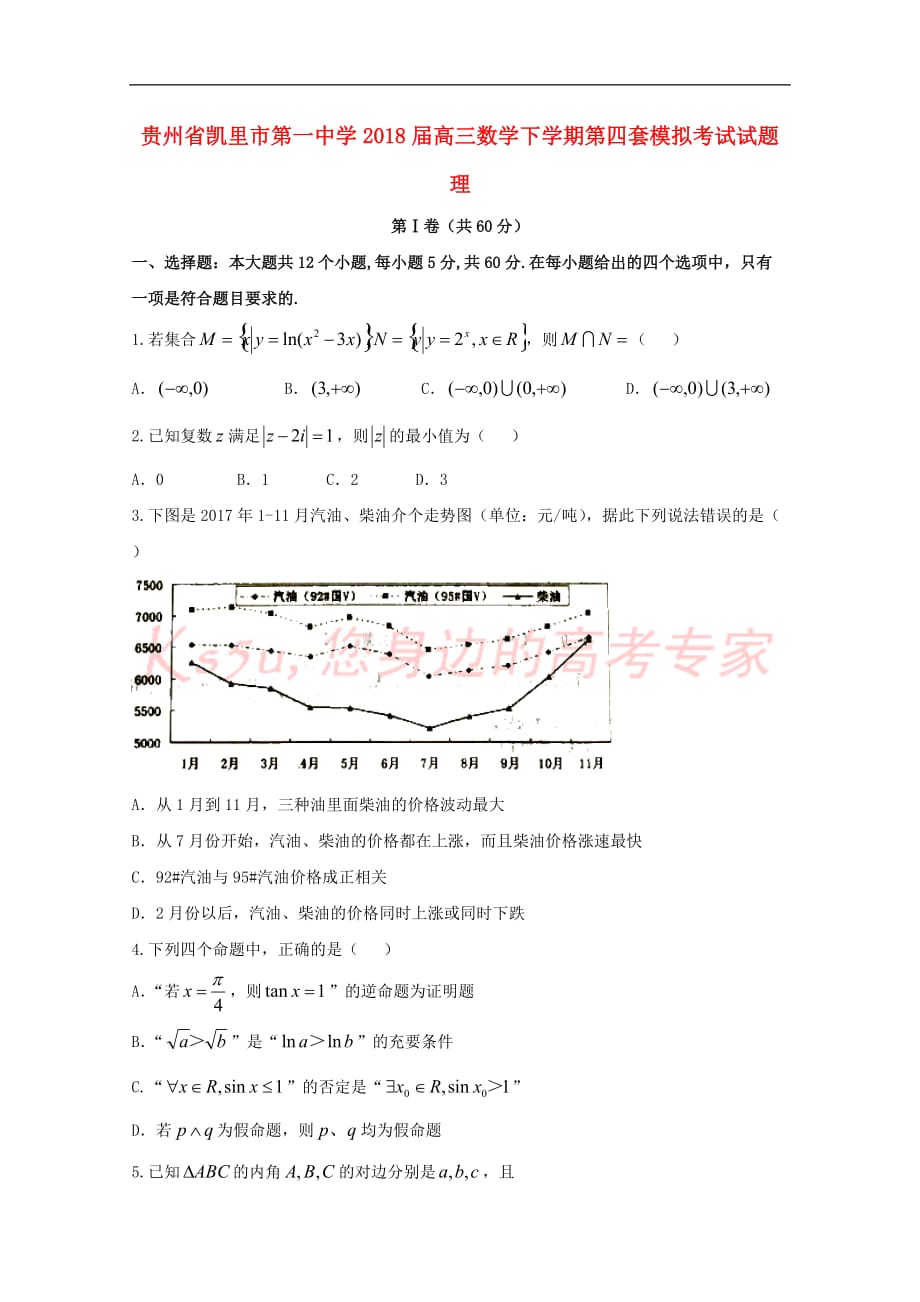 贵州省2018届高三数学下学期第四套模拟考试试题-理_第1页