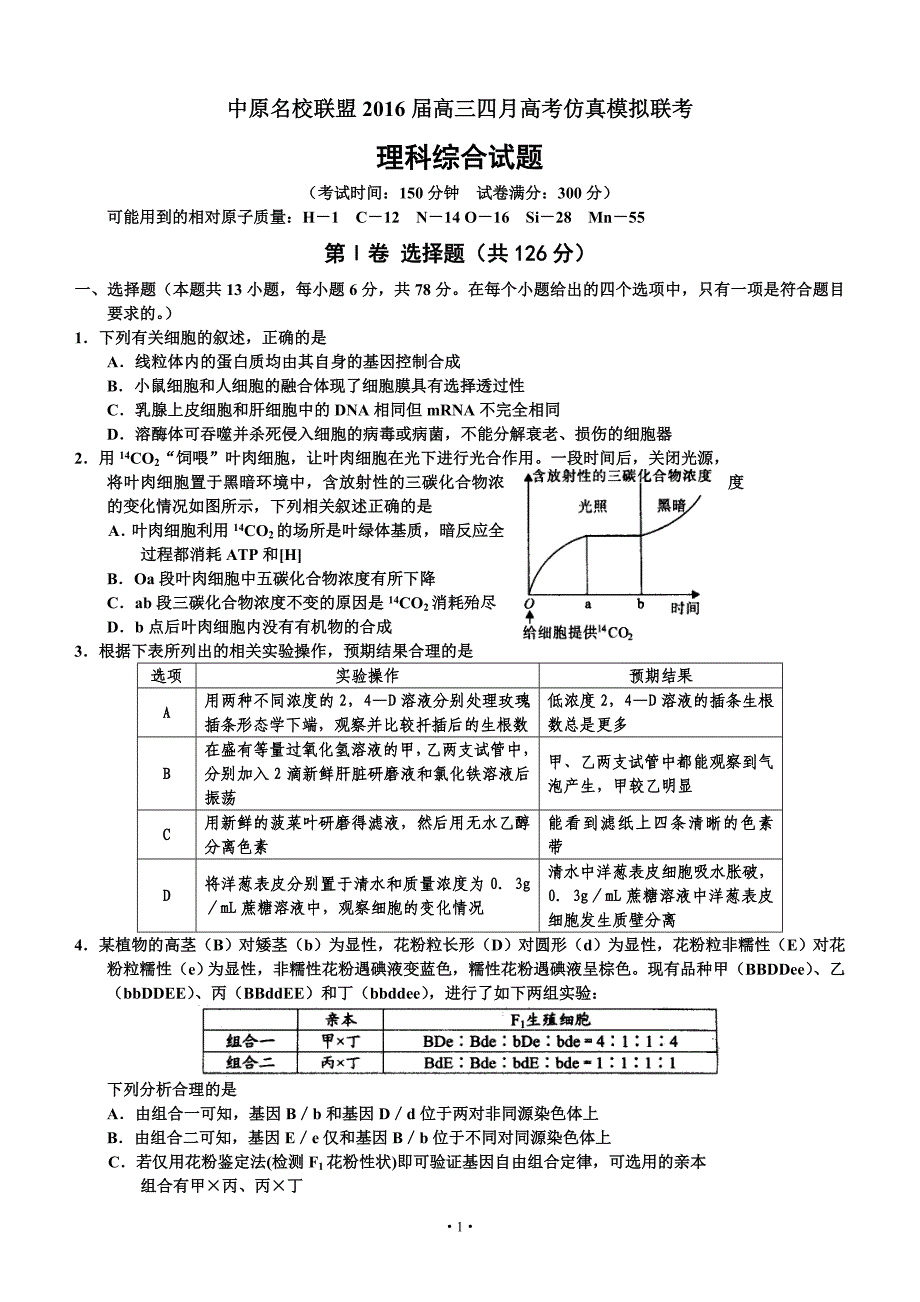 河南省名校中原联盟2016届高三4月高考仿真模拟联考理科综合试题课案_第1页