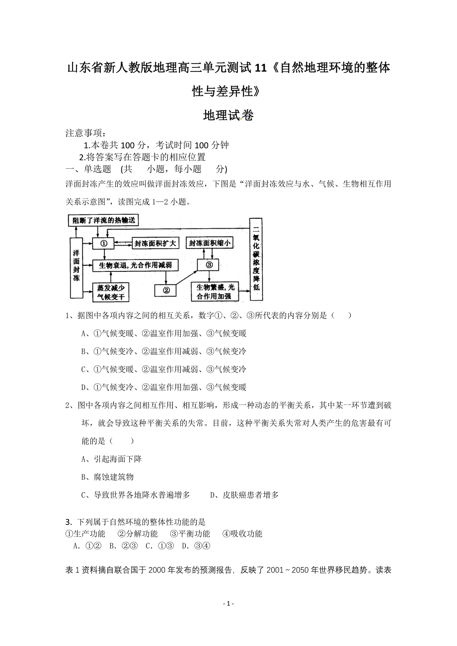 人教地理高三测试《自然地理环境的整体性与差异性》_第1页