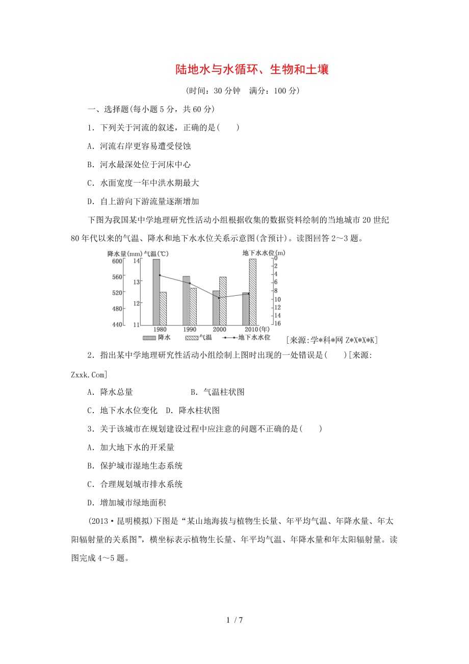 高考地理一轮检测“考黄金”精讲精析（人教）：陆地水与水循环生物和土壤_第1页