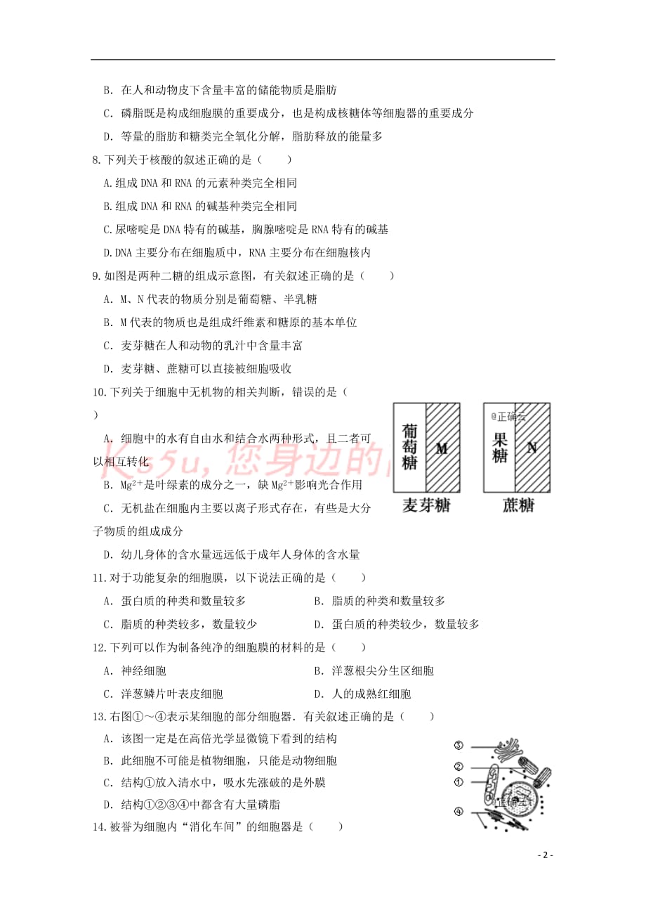 湖南省张家界市2018-2019学年高一生物上学期期末考试试题(无答案)_第2页