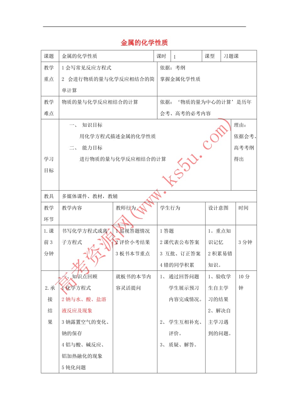 辽宁省大连市高中化学-第三章 金属及其化合物 3.1.3 金属的化学性质习题课教案 新人教版必修1_第1页