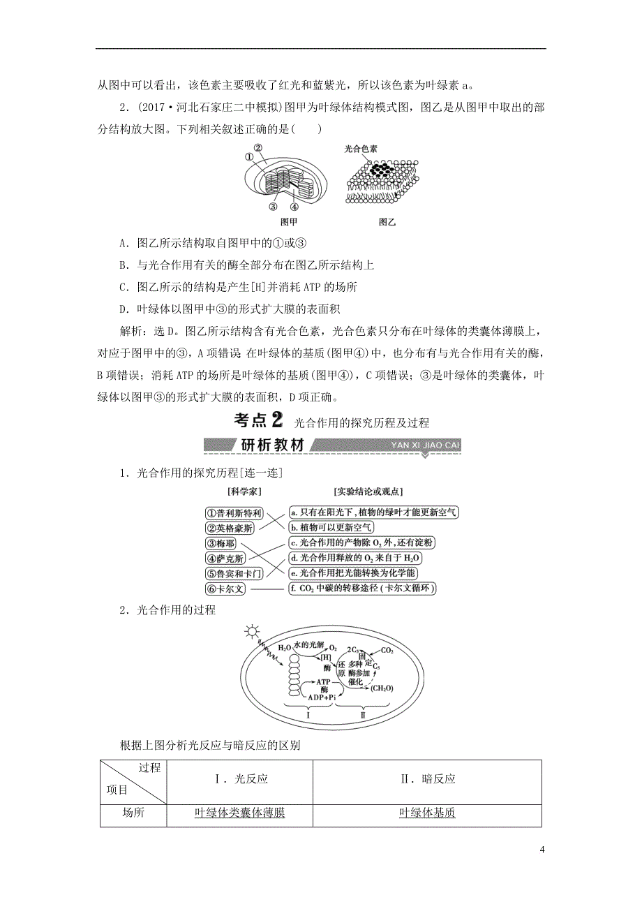 （全国）2018版高考生物大一轮复习 第三单元 细胞的能量供应和利用 第10讲 光合作用的探究历程与基本过程学案_第4页