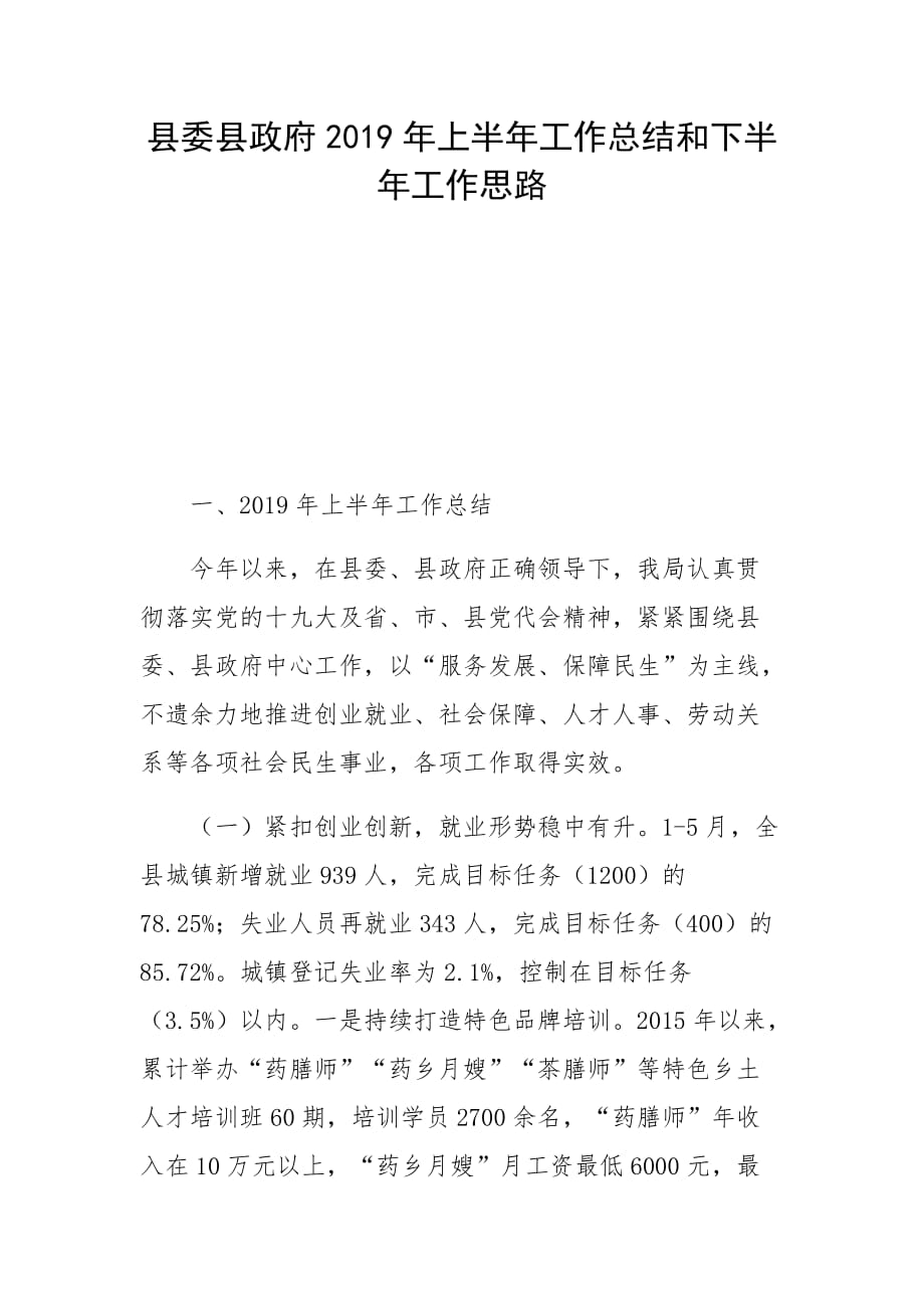 县委县政府2019年上半年工作总结和下半年工作思路_第1页