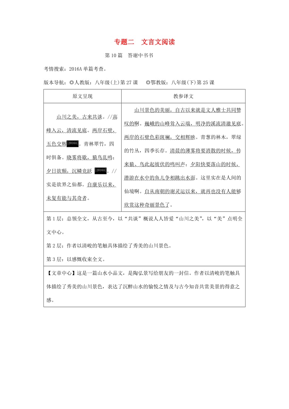 重庆市2018年中考语文总复习-第二部分 古诗文积累与阅读 专题二 文言文阅读 第10篇 答谢中书书原文呈现_第1页