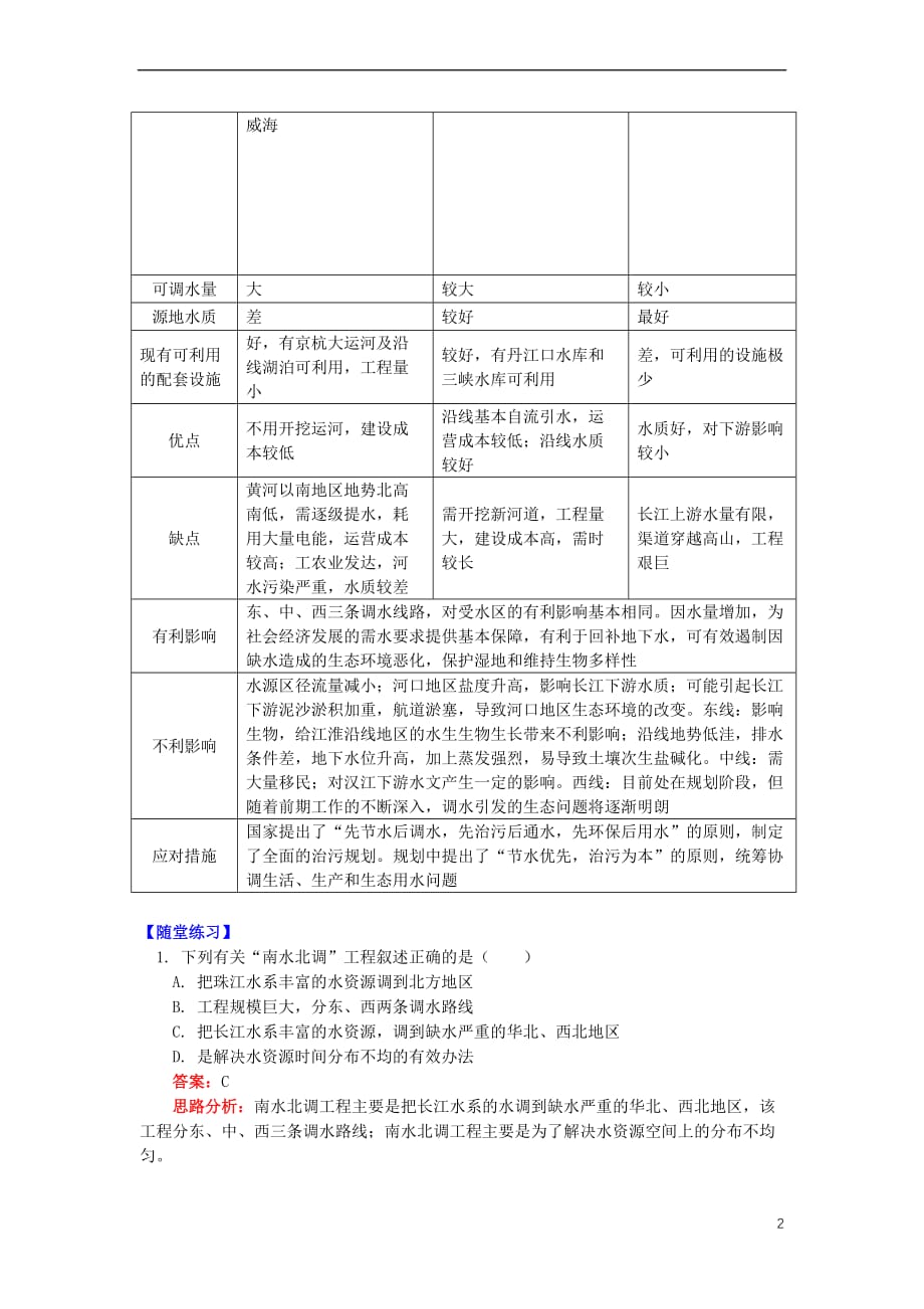 高中地理-第一章 区域地理环境与人类活动 第四节 区域经济联系 南水北调工程学案 湘教版必修3_第2页