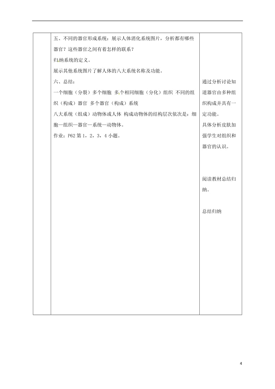 陕西省石泉县七年级生物上册 2.2.2 动物体的结构层次教案2 (新版)新人教版_第4页