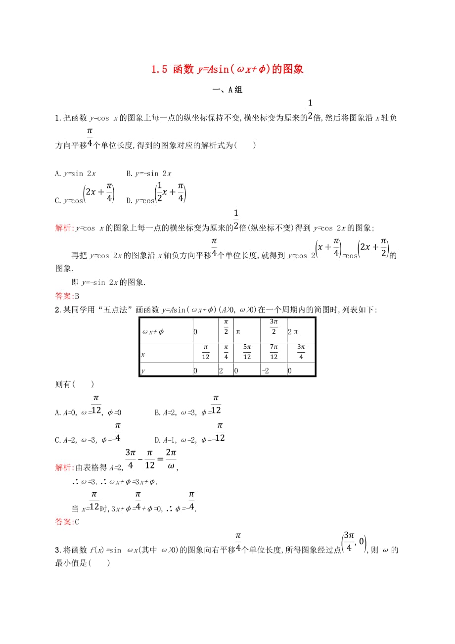 高中数学 第一章 三角函数 1.5 函数y=Asin(ωx+φ)的图象课后习题 新人教A版必修4_第1页