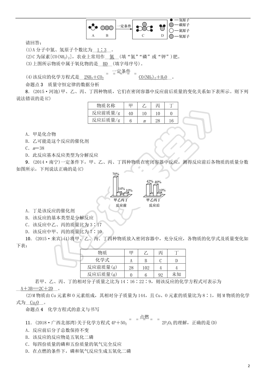 （广西专版）2019年中考化学总复习 教材考点梳理 第五单元 化学方程式练习_第2页