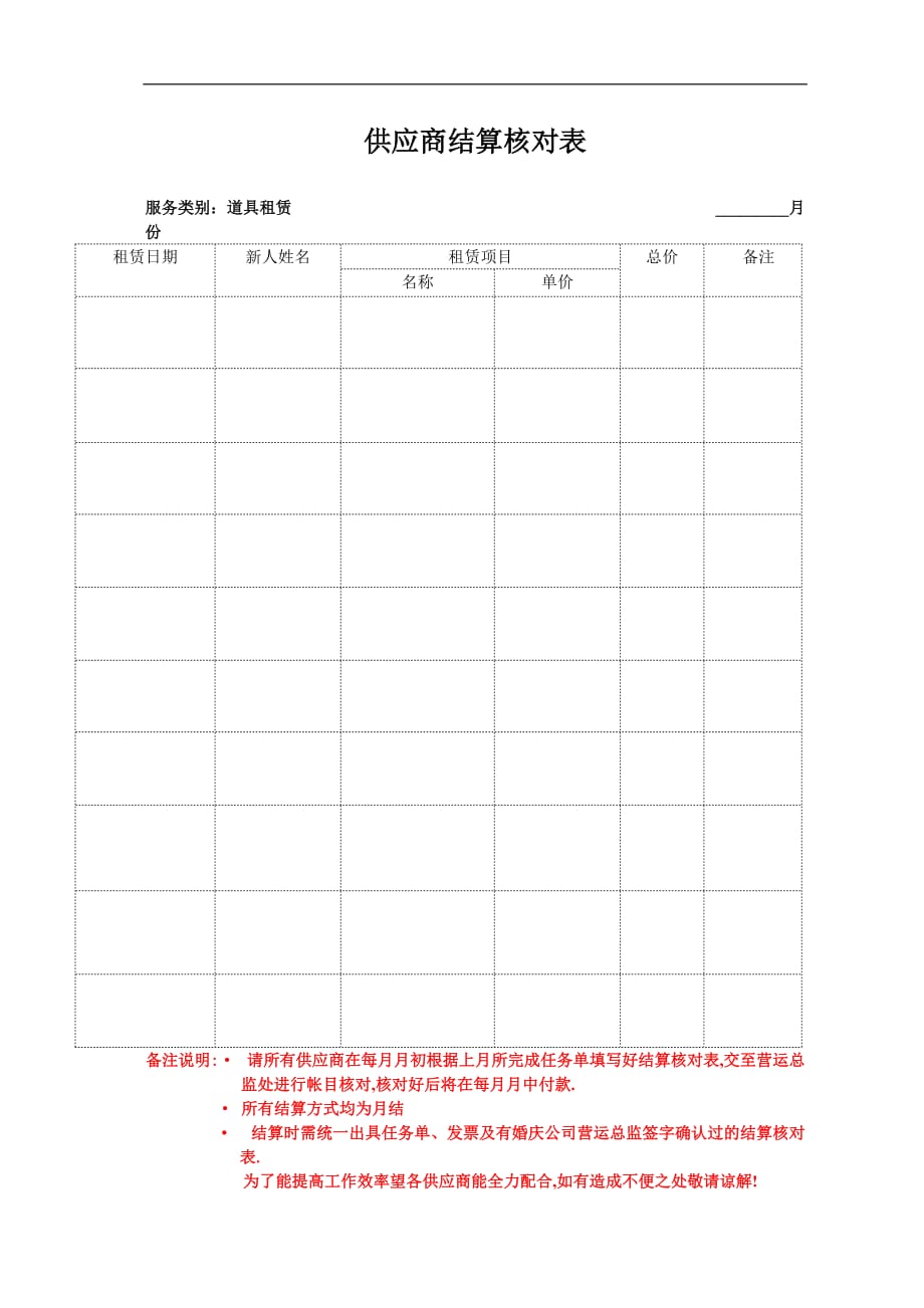 婚礼操作类流程：供应商结算核对表（道具租赁）58_第1页