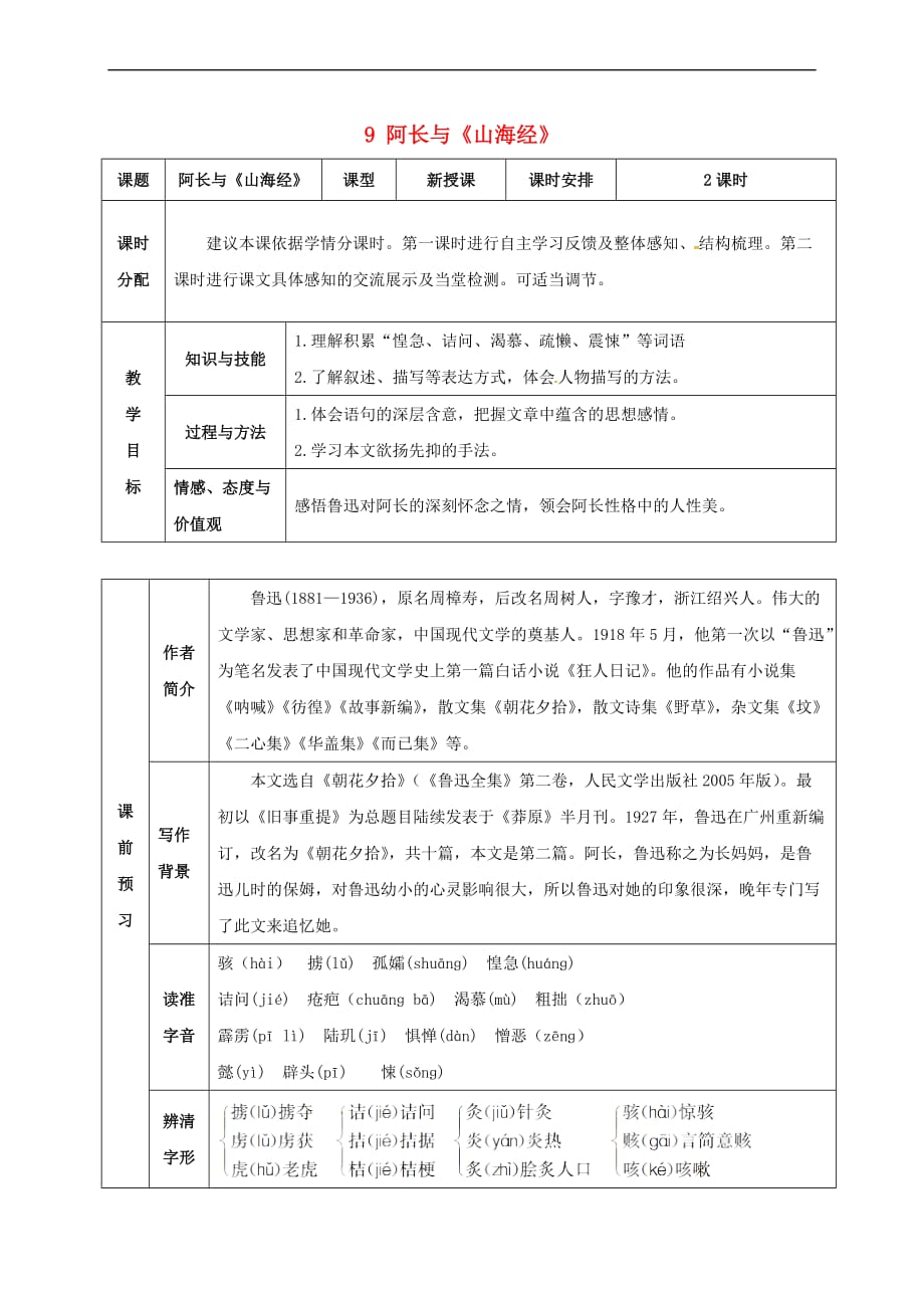 （2016年秋季版）湖北省武穴市七年级语文下册 9 阿长与《山海经》教案 新人教版_第1页