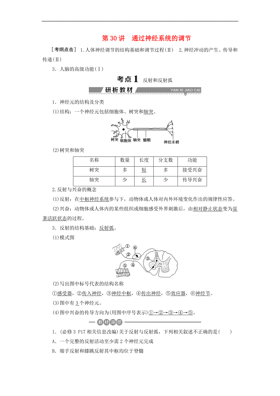 （全国）2018版高考生物大一轮复习 第八单元 生命活动的调节 第30讲 通过神经系统的调节学案_第1页