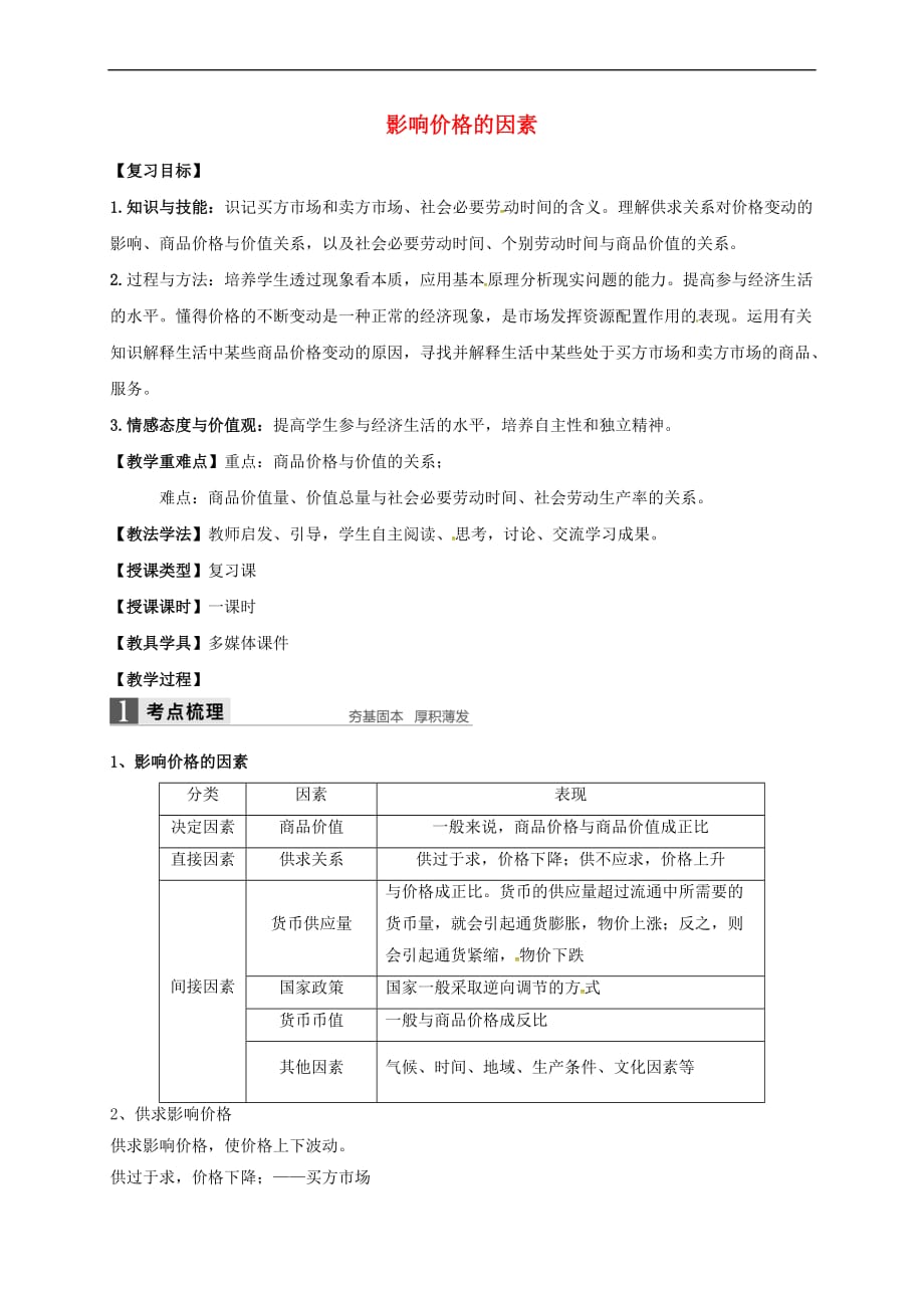 陕西省咸阳市高中政治-2.1影响价格的因素教案 新人教版必修1_第1页