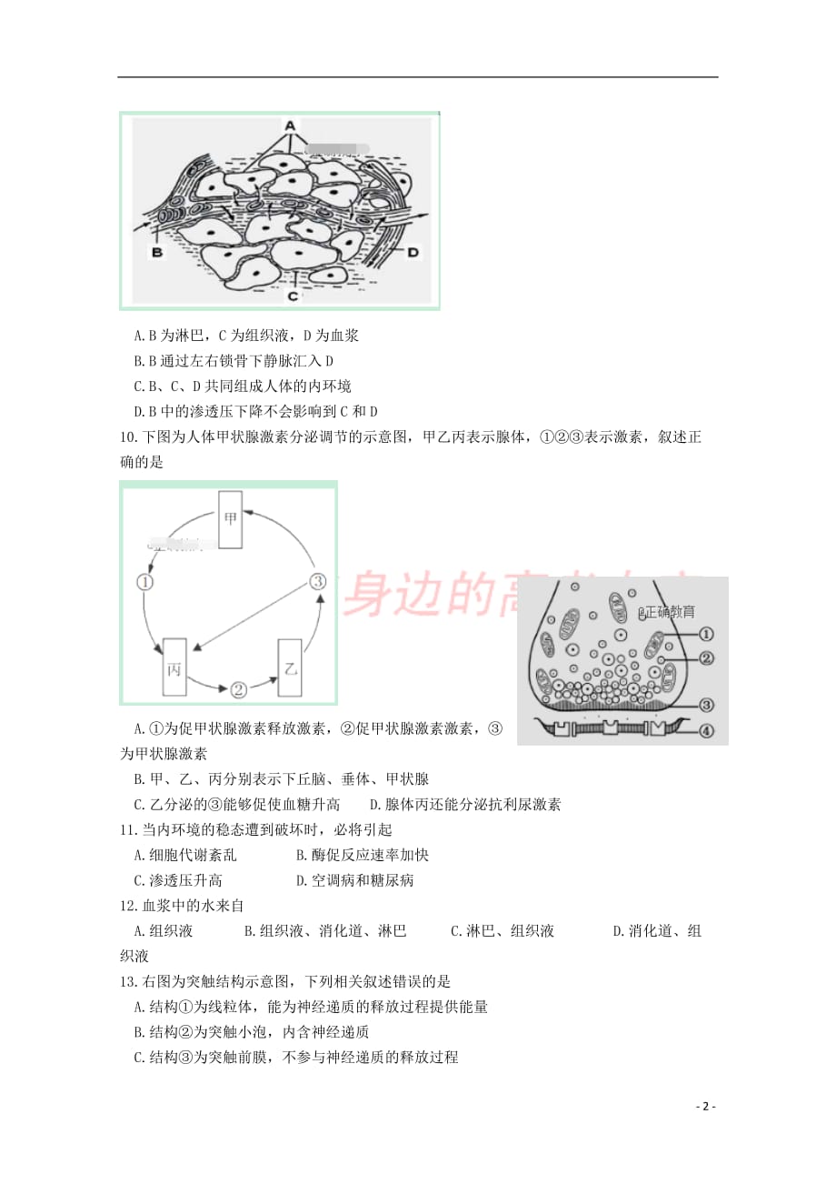 陕西省汉中中学2018－2019学年高二生物上学期期中试题_第2页