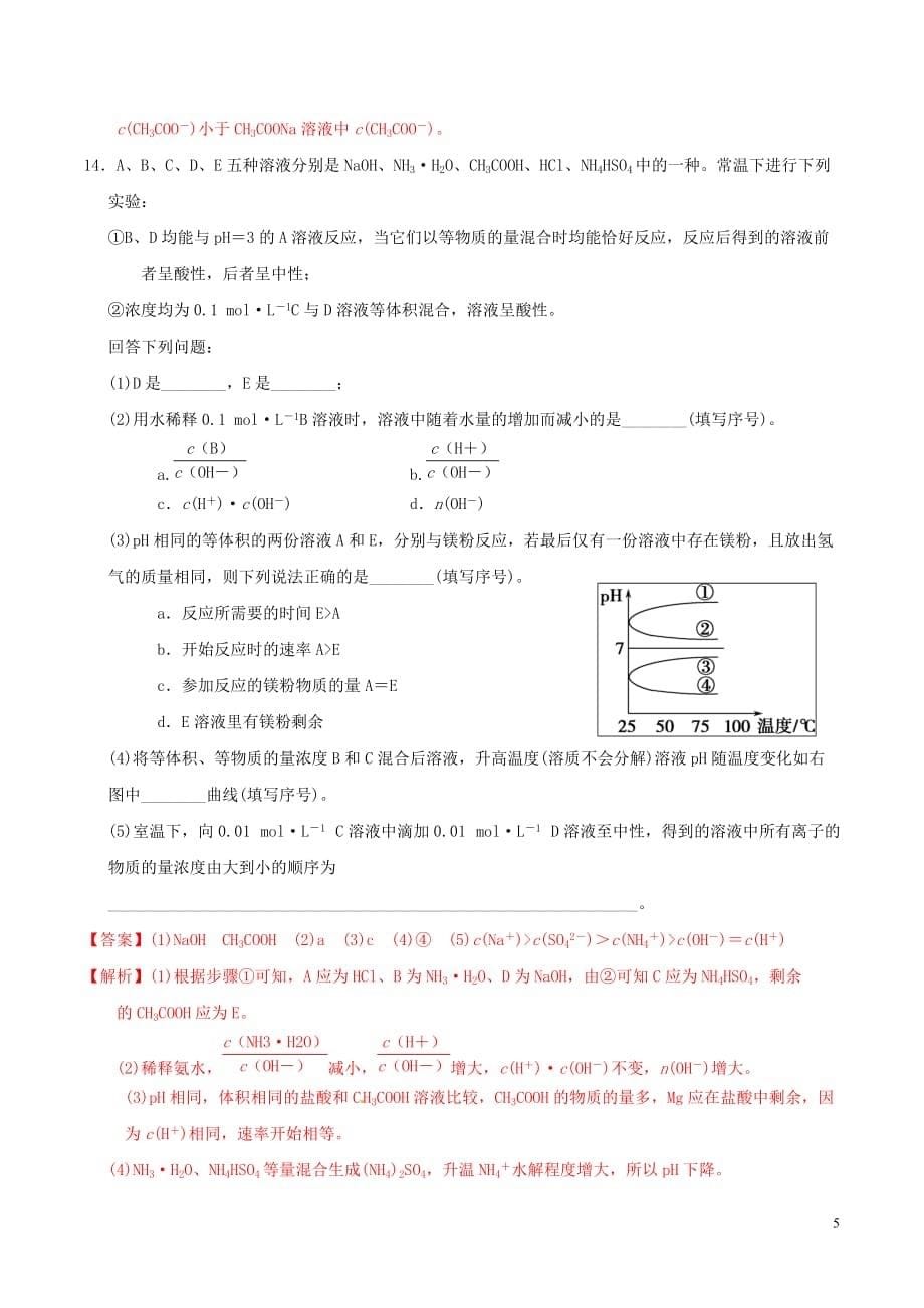 高中化学 第三章 水溶液中的离子平衡 3.3 盐类的水解(第1课时)盐类水解的实质和规律课时练 新人教版选修4_第5页